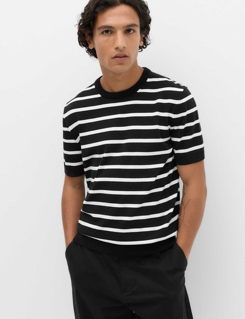 Marks & Spencer M&S Black Mix Striped Cotton Rich T-Shirt