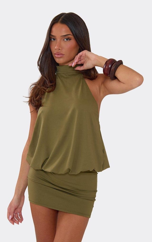 EGO High Neck Racer Back Mini Dress In Khaki, Women's Size UK 6 - 2