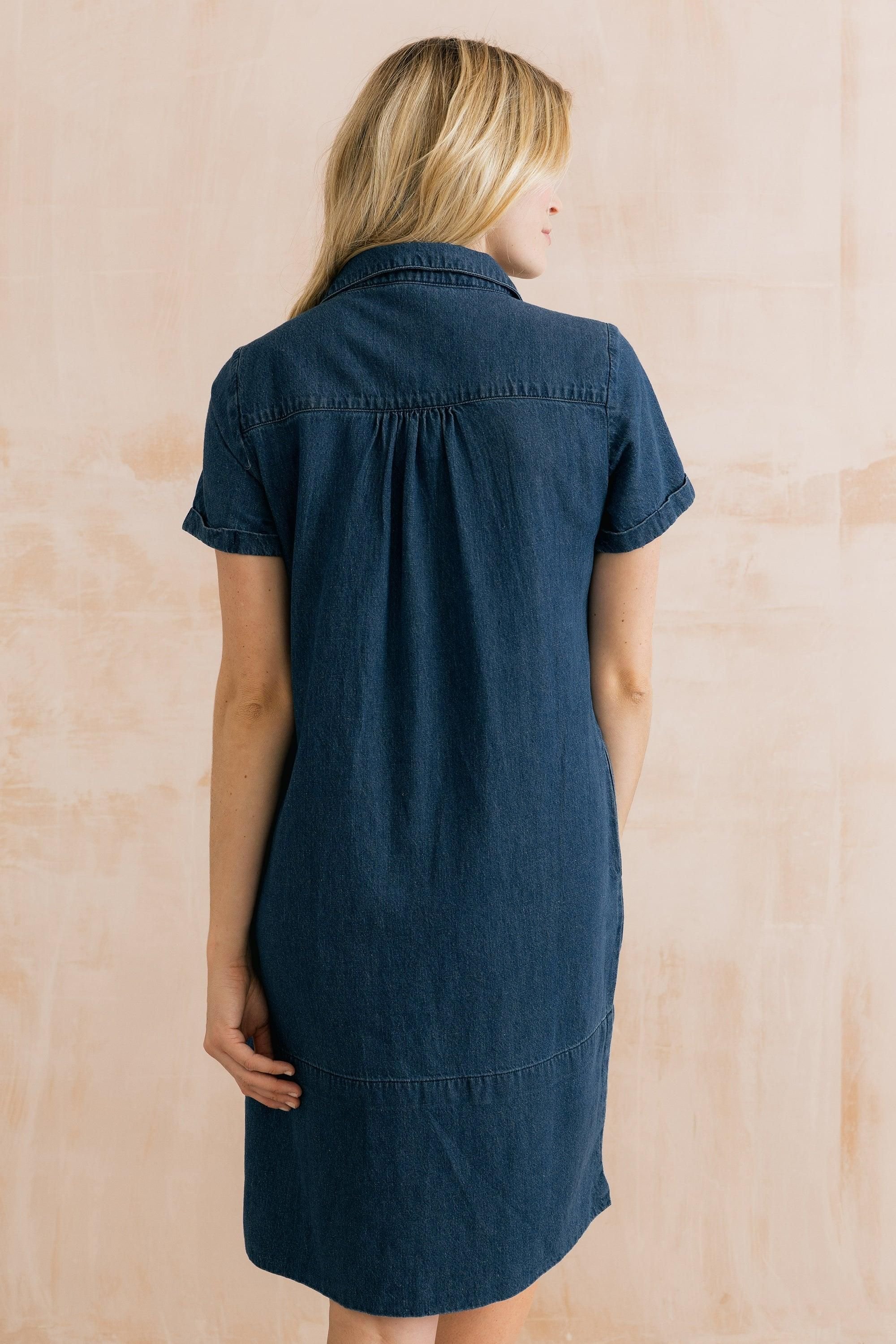 Lily & Me Lily & Me Women's Lavender Short Sleeve Collared V-Neck Denim Dress in Blue - 4