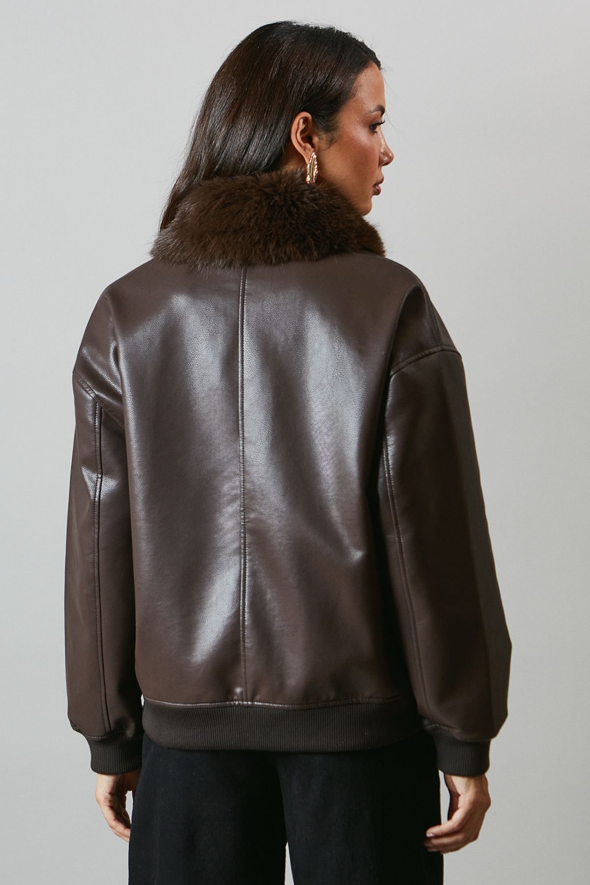 Principles Principles Women's Fur Collar Faux Leather Bomber in Chocolate - 3