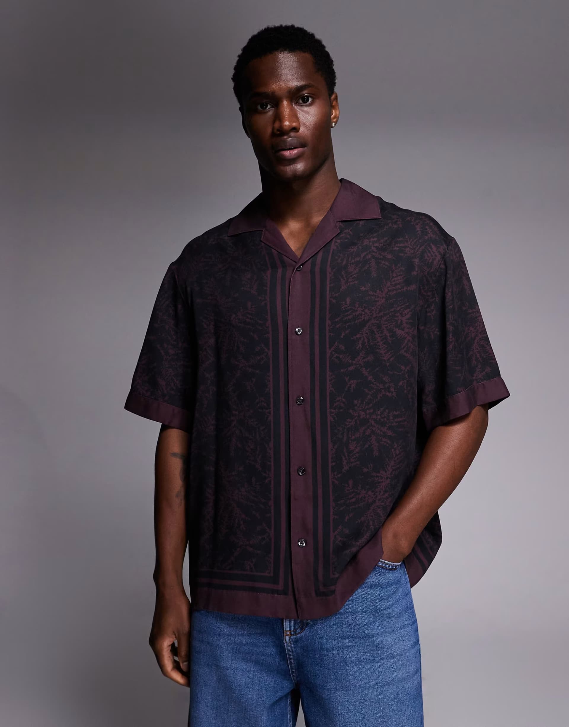 ASOS HUGO Red espino oversized fit open collar print shirt in burgundy