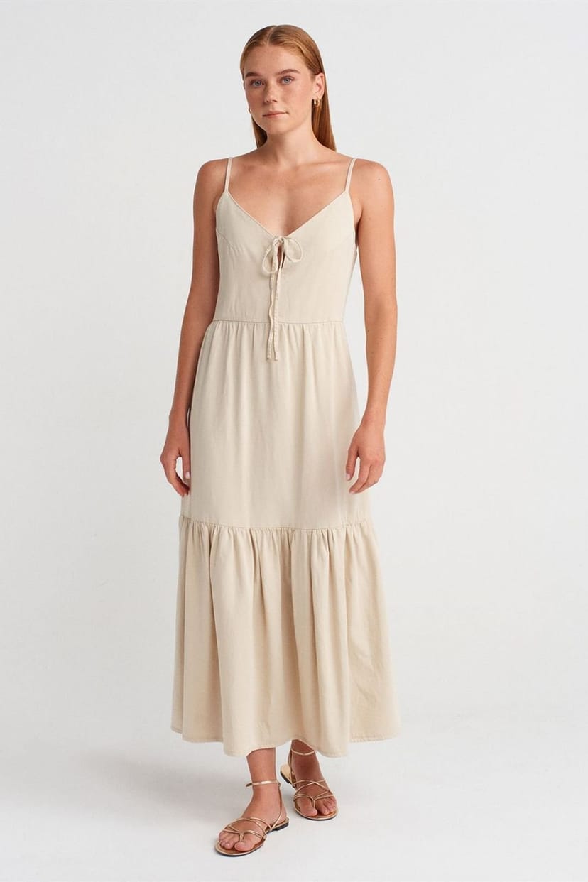 Dilvin Dilvin Women's Sleeveless A-line Maxi Dress With Tie Front in Beige - 1