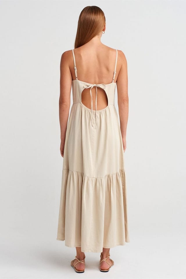 Dilvin Dilvin Women's Sleeveless A-line Maxi Dress With Tie Front in Beige - 2