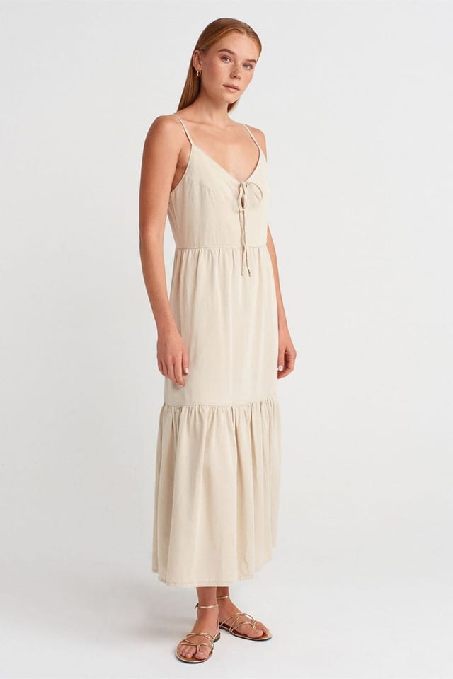 Dilvin Dilvin Women's Sleeveless A-line Maxi Dress With Tie Front in Beige - 3