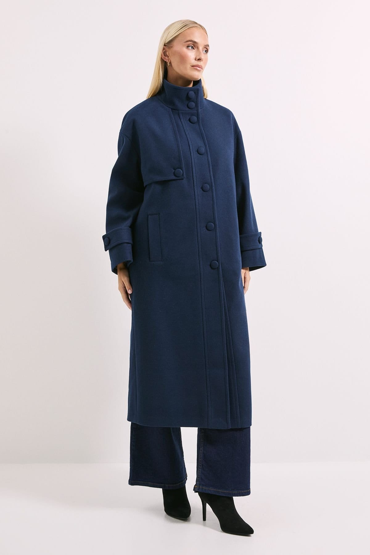 Wallis Wallis Women's Principles by Funnel Neck Button Coat in Navy - 4