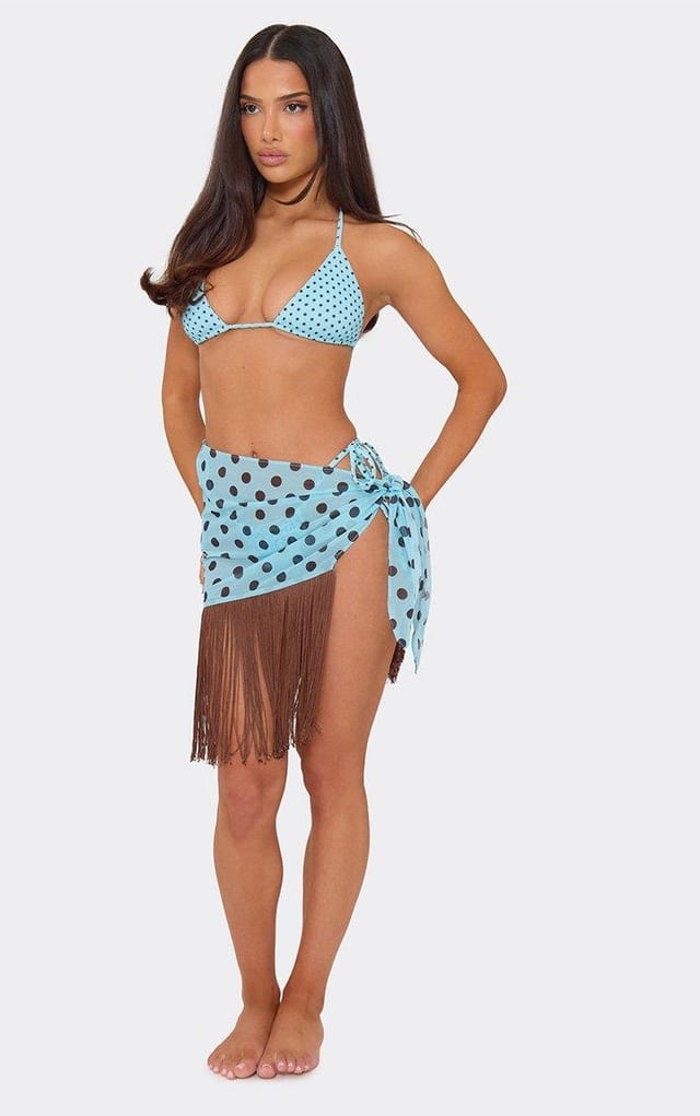 EGO Tie Side Contrast Tassel Hem Sarong In Blue Polka Dot, Women's Size UK 6 - 2