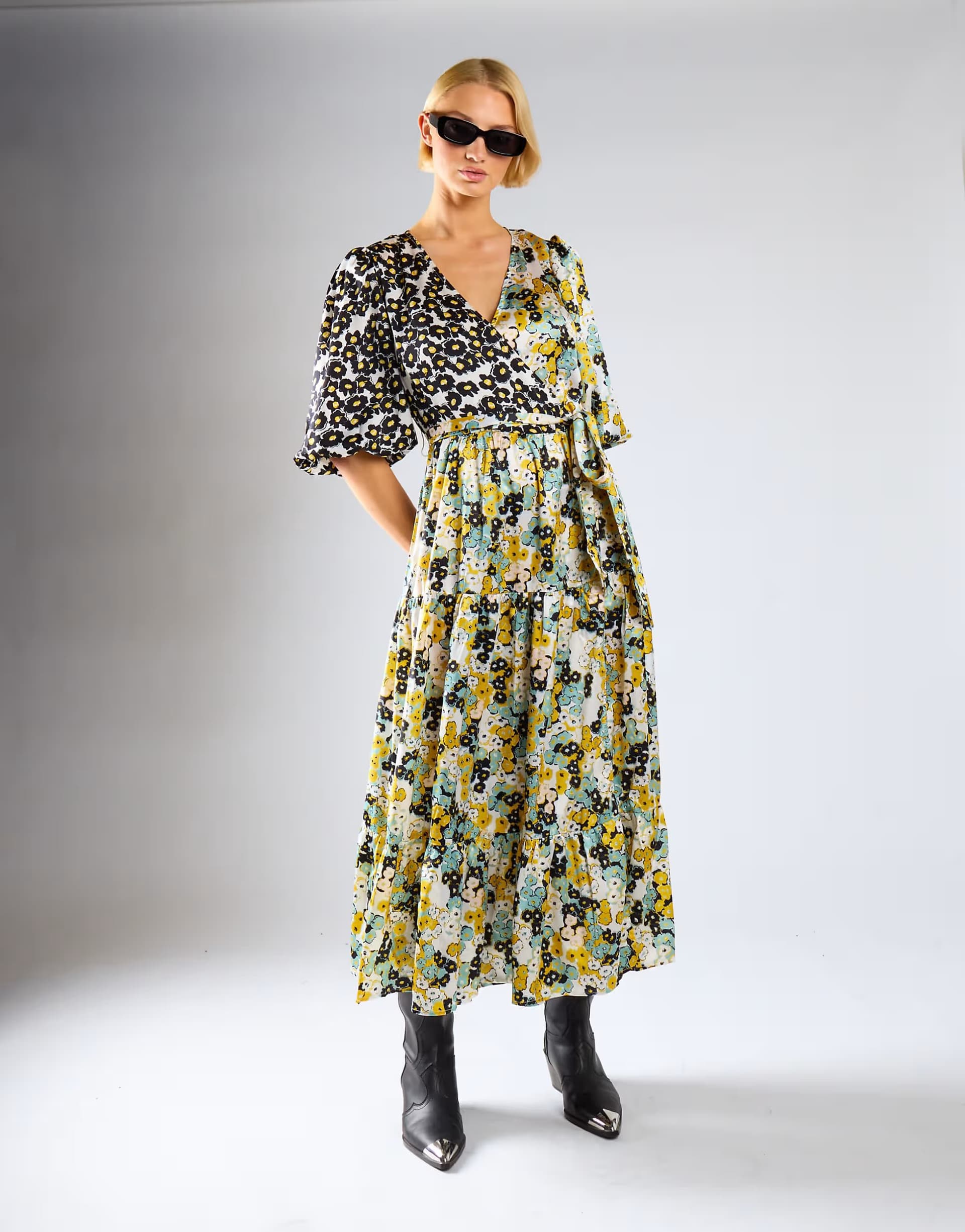 ASOS Glamorous Wrap front tiered midaxi dress in mono mustard floral