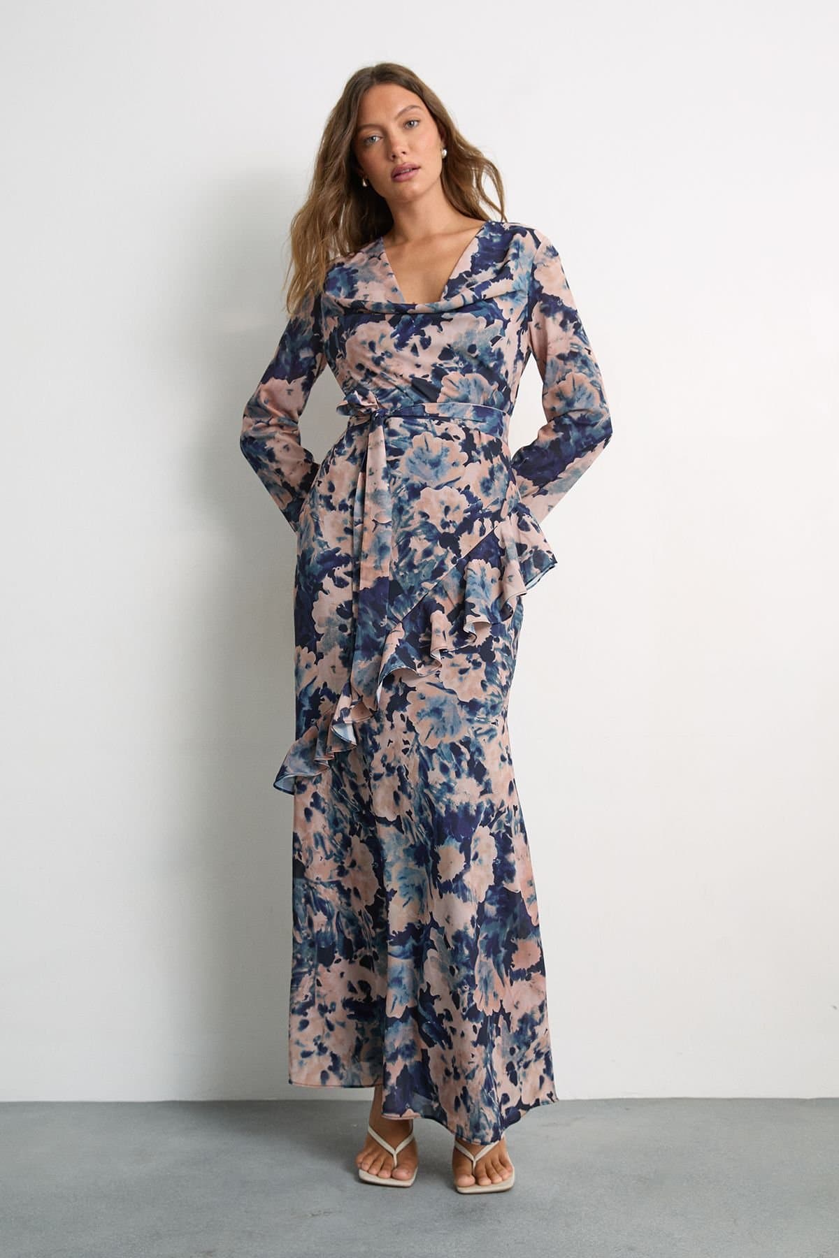 Warehouse Warehouse Women's Long Sleeve Cowl Neck Floral Print Ruffle Detail Maxi Dress