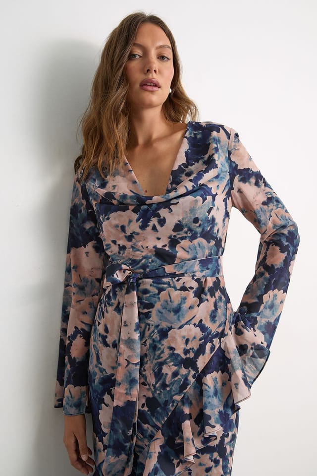 Warehouse Warehouse Women's Long Sleeve Cowl Neck Floral Print Ruffle Detail Maxi Dress - 2