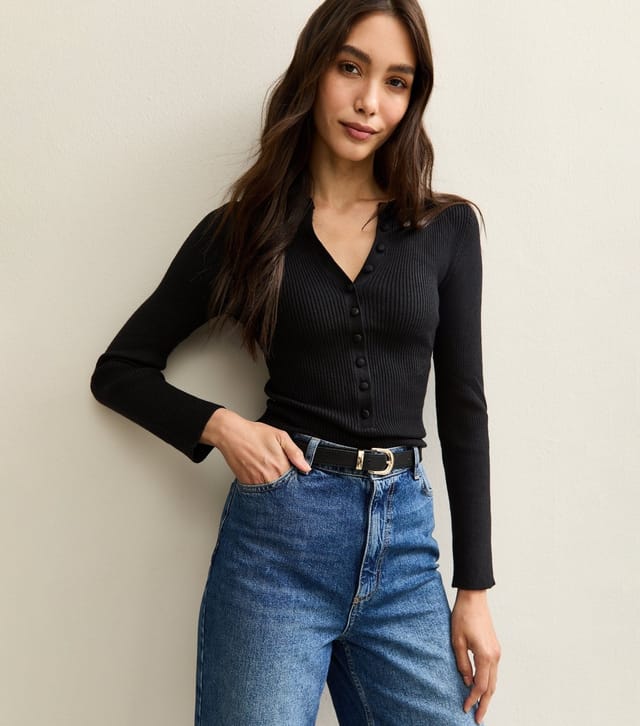 New Look Women's Black Ribbed Knit Long Sleeve Button Up Jumper New Look - 2