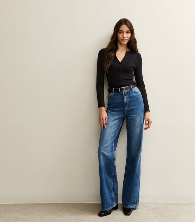 New Look Women's Black Ribbed Knit Long Sleeve Button Up Jumper New Look - 3