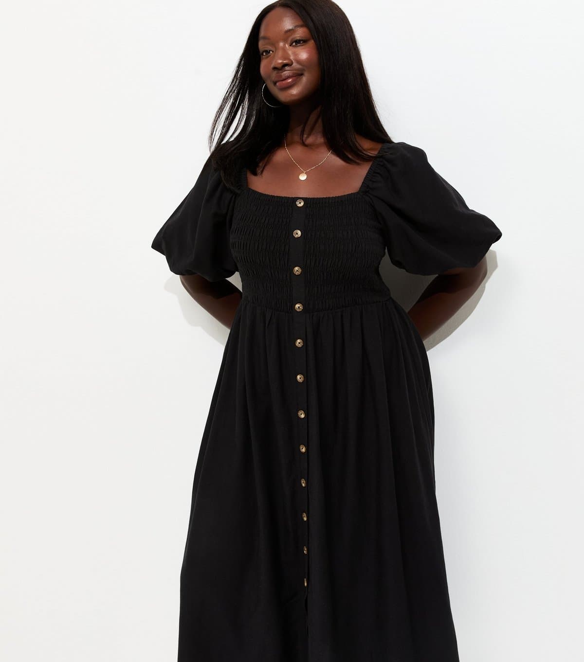 New Look Women's Plus Size Black Button Front Milkmaid Midi Dress Curves New Look