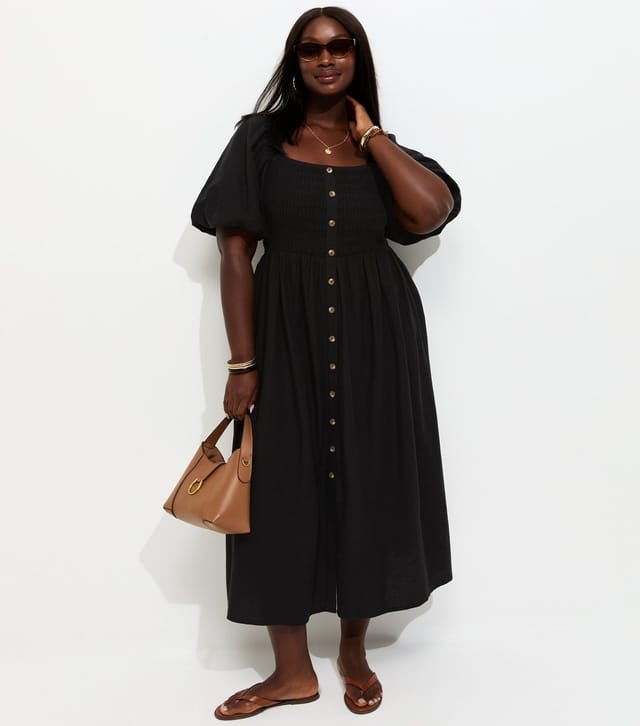 New Look Women's Plus Size Black Button Front Milkmaid Midi Dress Curves New Look - 3