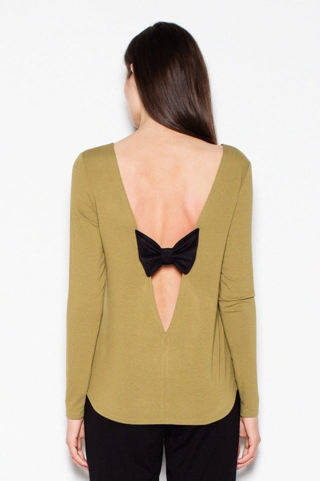 Love Lace Love Lace Women's Long Sleeve Blouse With V Back Cutout Bow in Green - 2