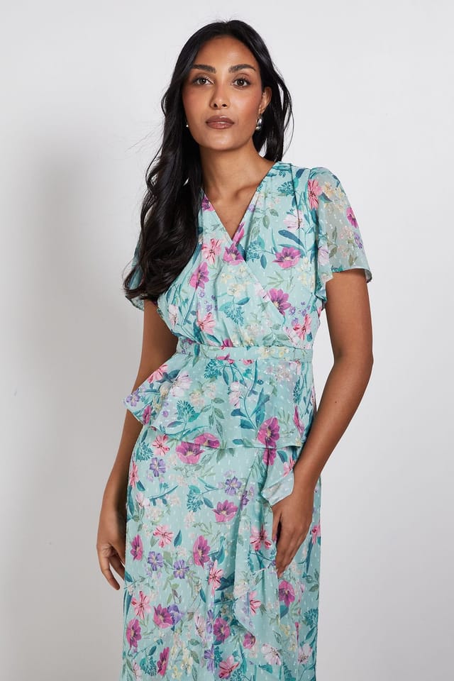 Wallis Wallis Women's Petite Floral Ruffle Peplum Midi Dress in Sage - 2