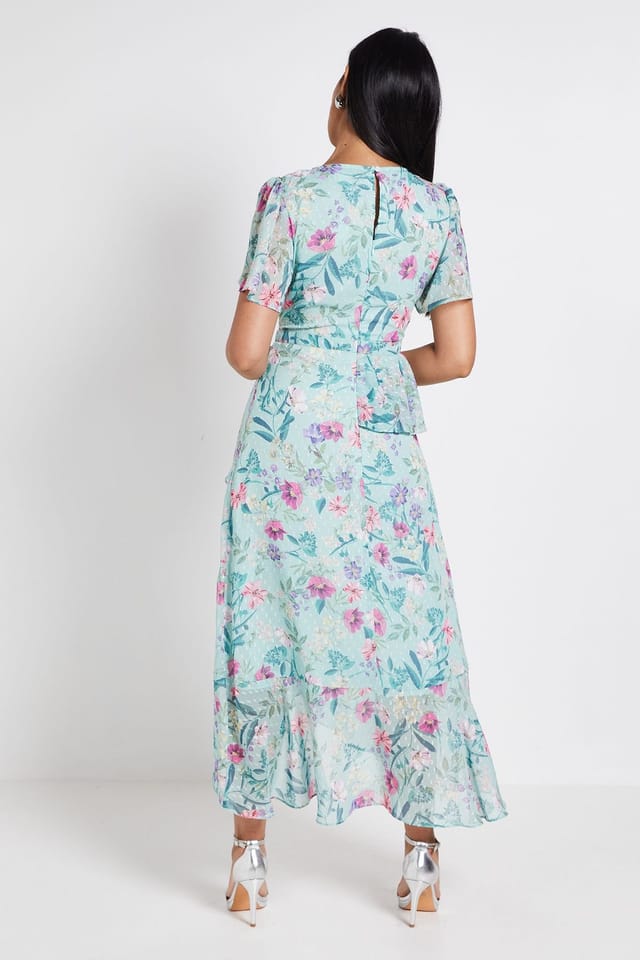 Wallis Wallis Women's Petite Floral Ruffle Peplum Midi Dress in Sage - 3