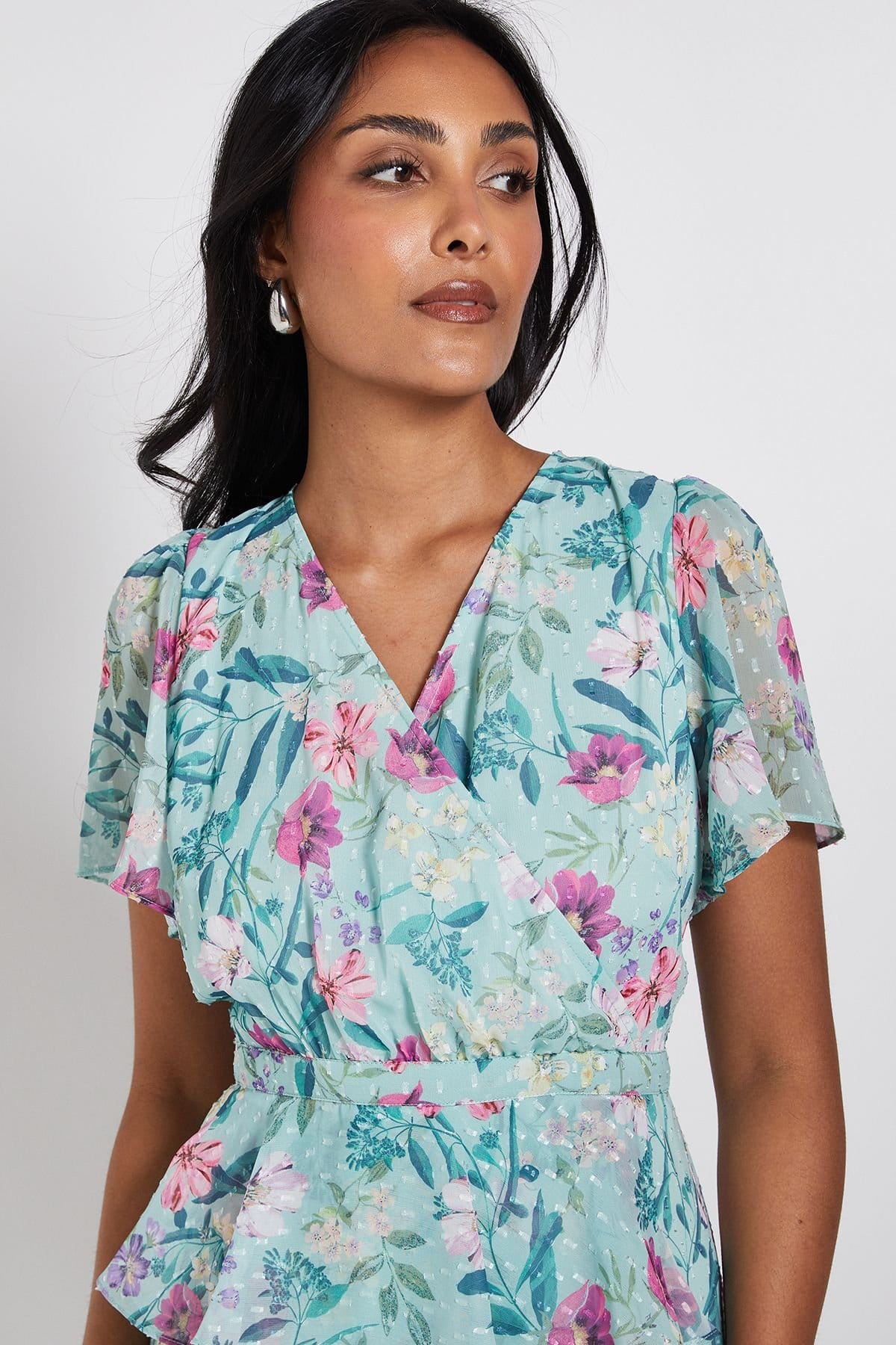 Wallis Wallis Women's Petite Floral Ruffle Peplum Midi Dress in Sage - 4