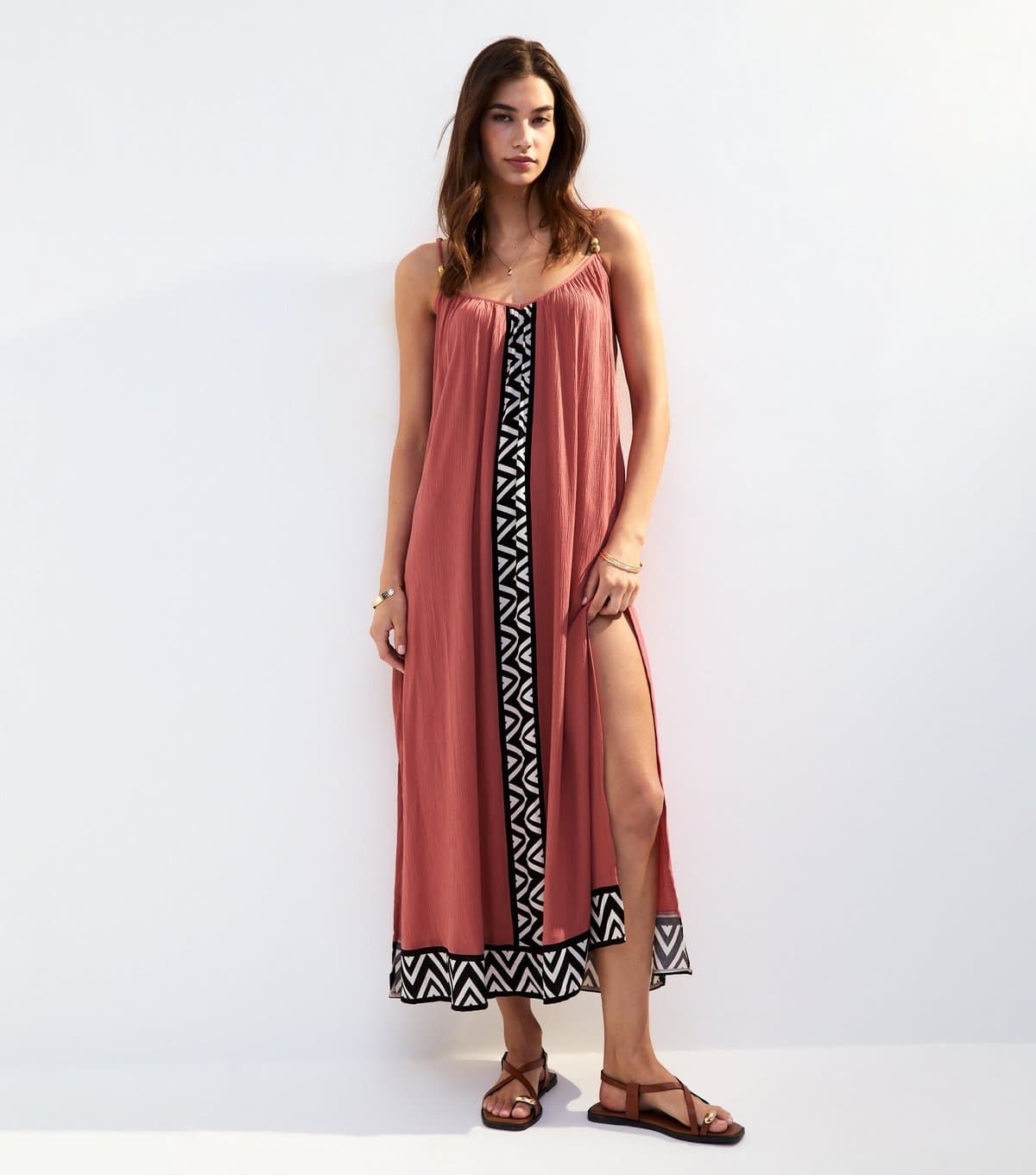 New Look Women's Rust Textured Graphic Trim Cover Up Maxi Dress New Look