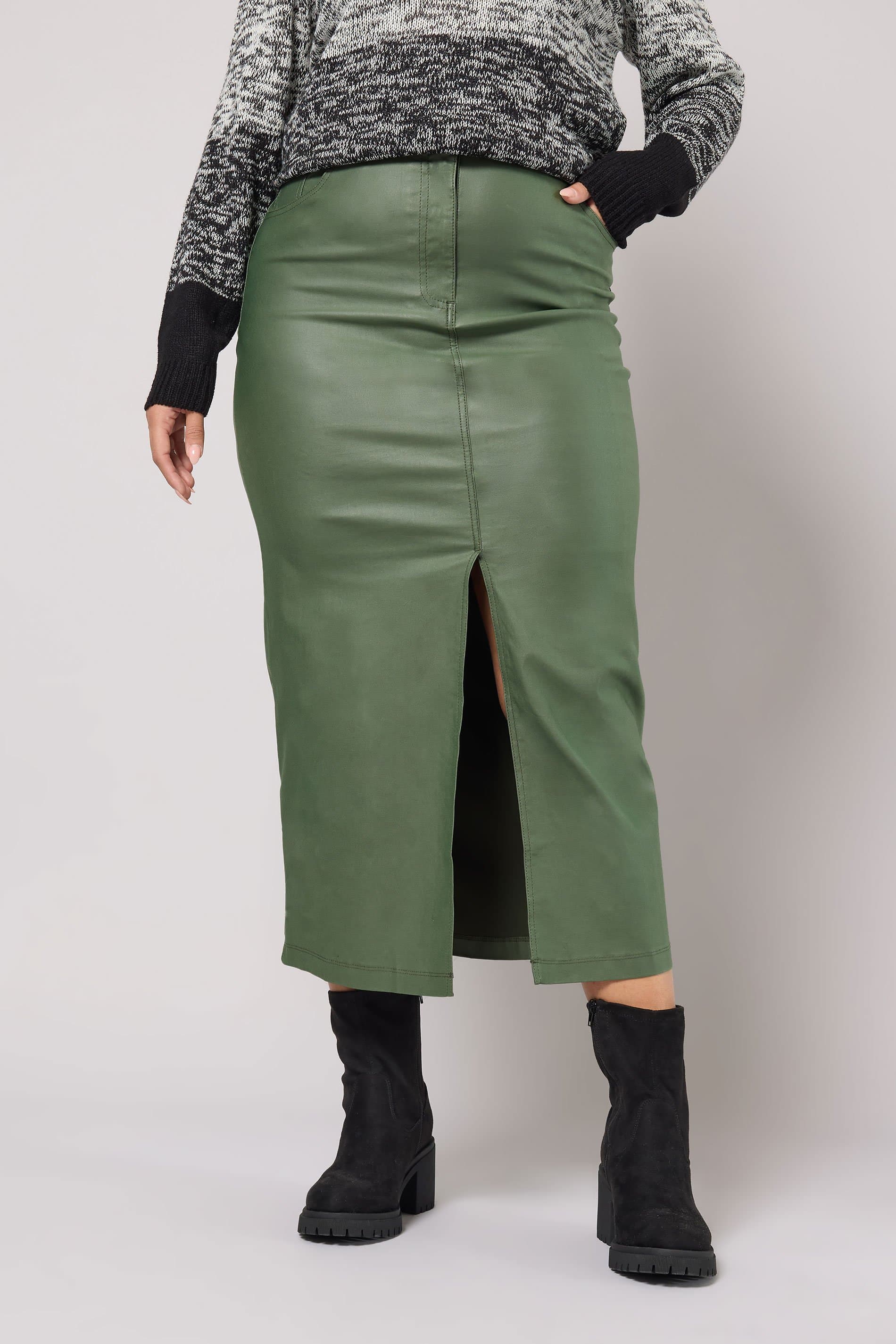 Yours Plus Size Khaki Green Coated Split Hem Midaxi Skirt