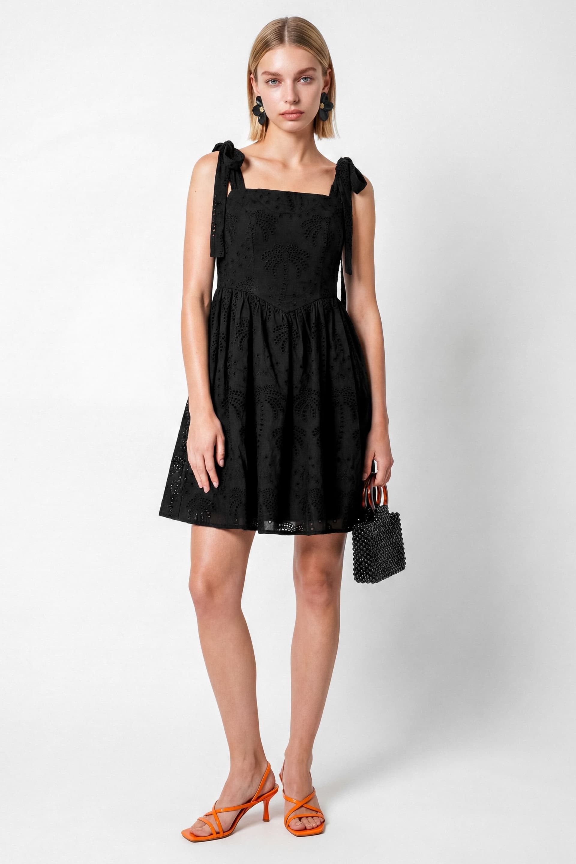 Lovedrobe Lovedrobe Women's Palm Broderie Tie-Shoulder Mini Dress in Black