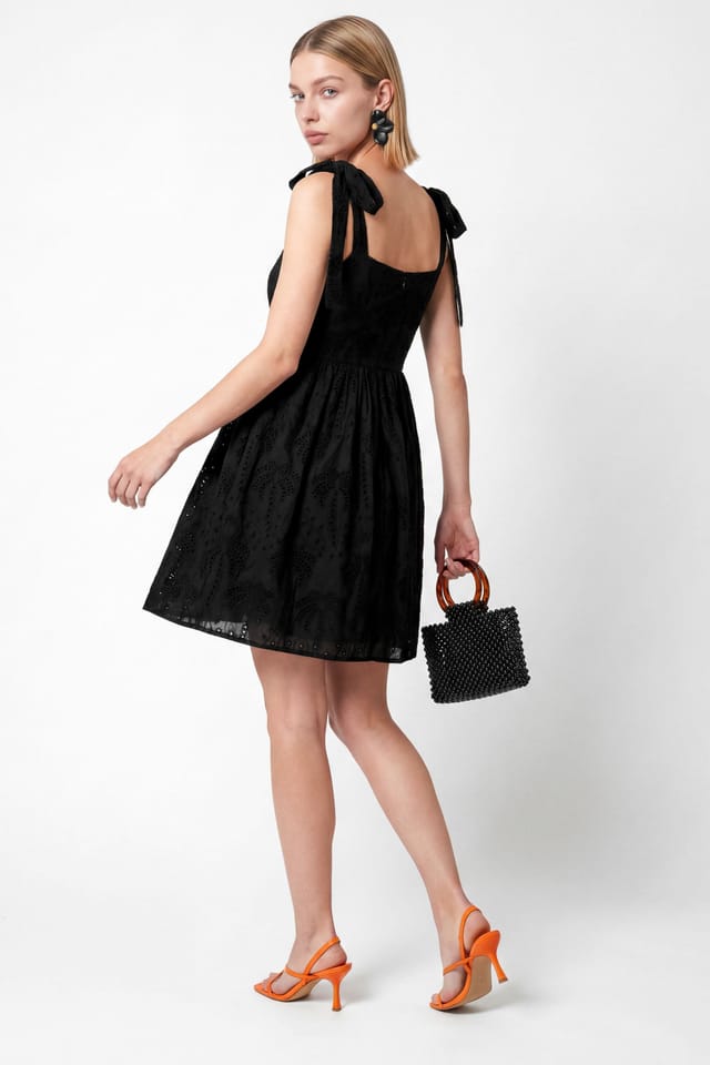 Lovedrobe Lovedrobe Women's Palm Broderie Tie-Shoulder Mini Dress in Black - 2