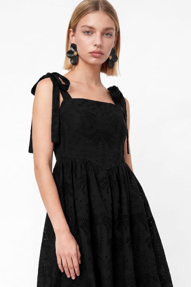 Lovedrobe Lovedrobe Women's Palm Broderie Tie-Shoulder Mini Dress in Black - 3