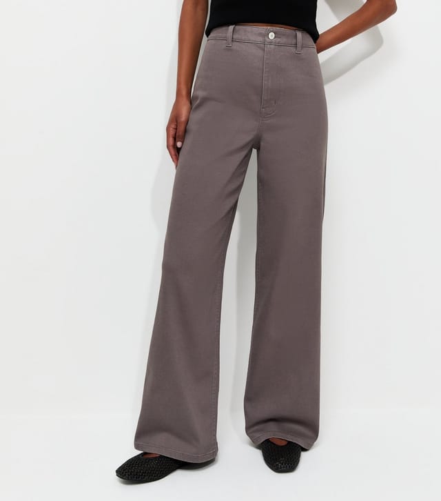 New Look Women's Dark Grey Twill High Waist Stretch Wide Leg Jeans New Look - 2