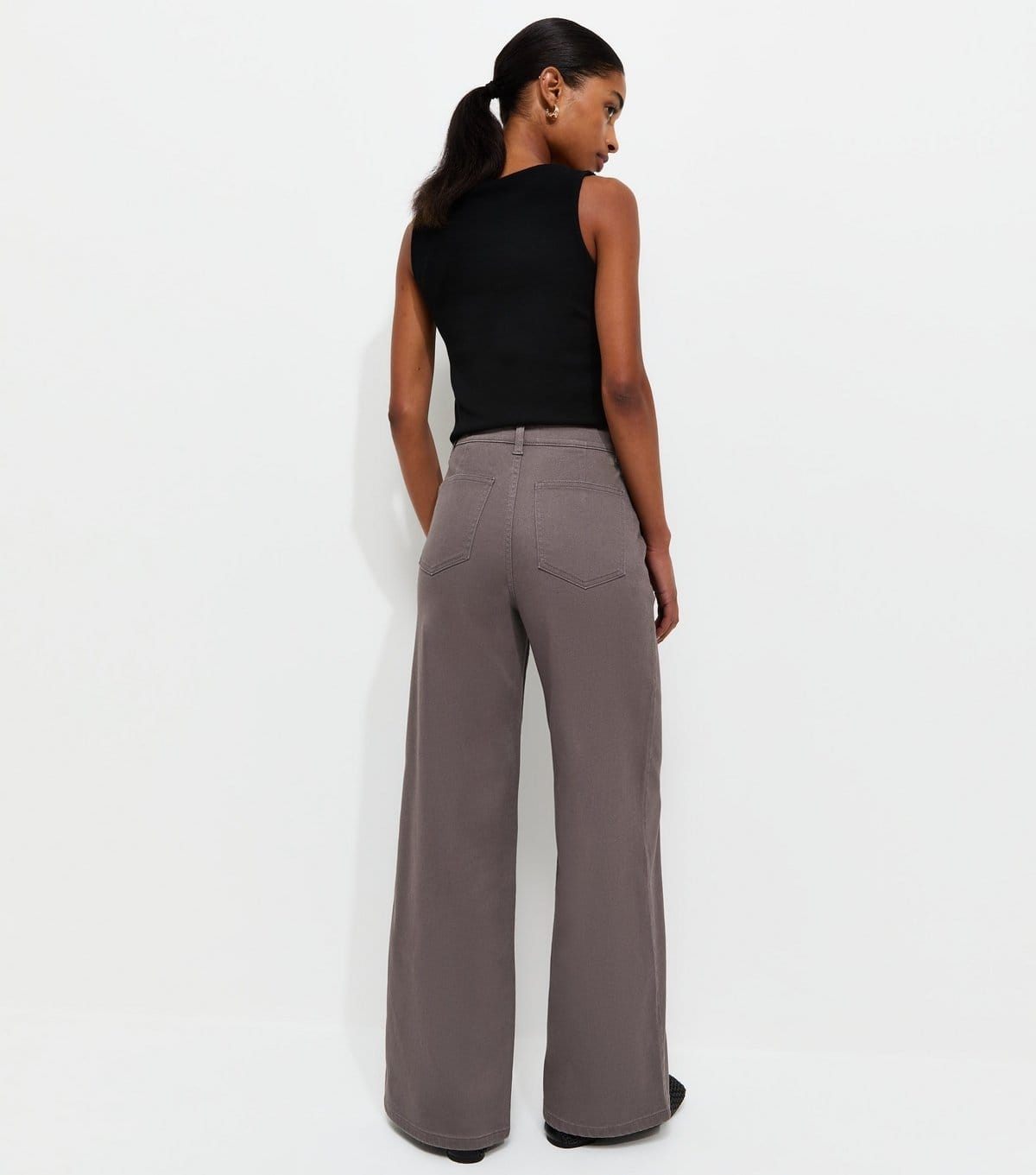 New Look Women's Dark Grey Twill High Waist Stretch Wide Leg Jeans New Look - 4