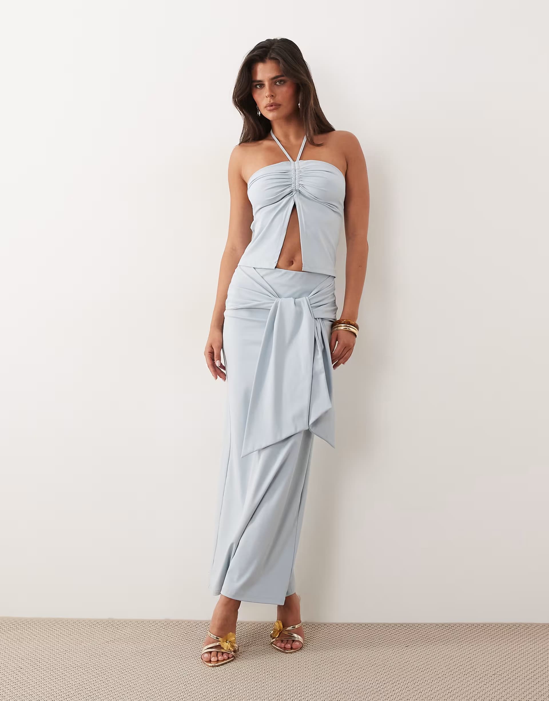 ASOS The Frolic exclusive slinky halterneck ruched detail split front top co-ord in baby blue