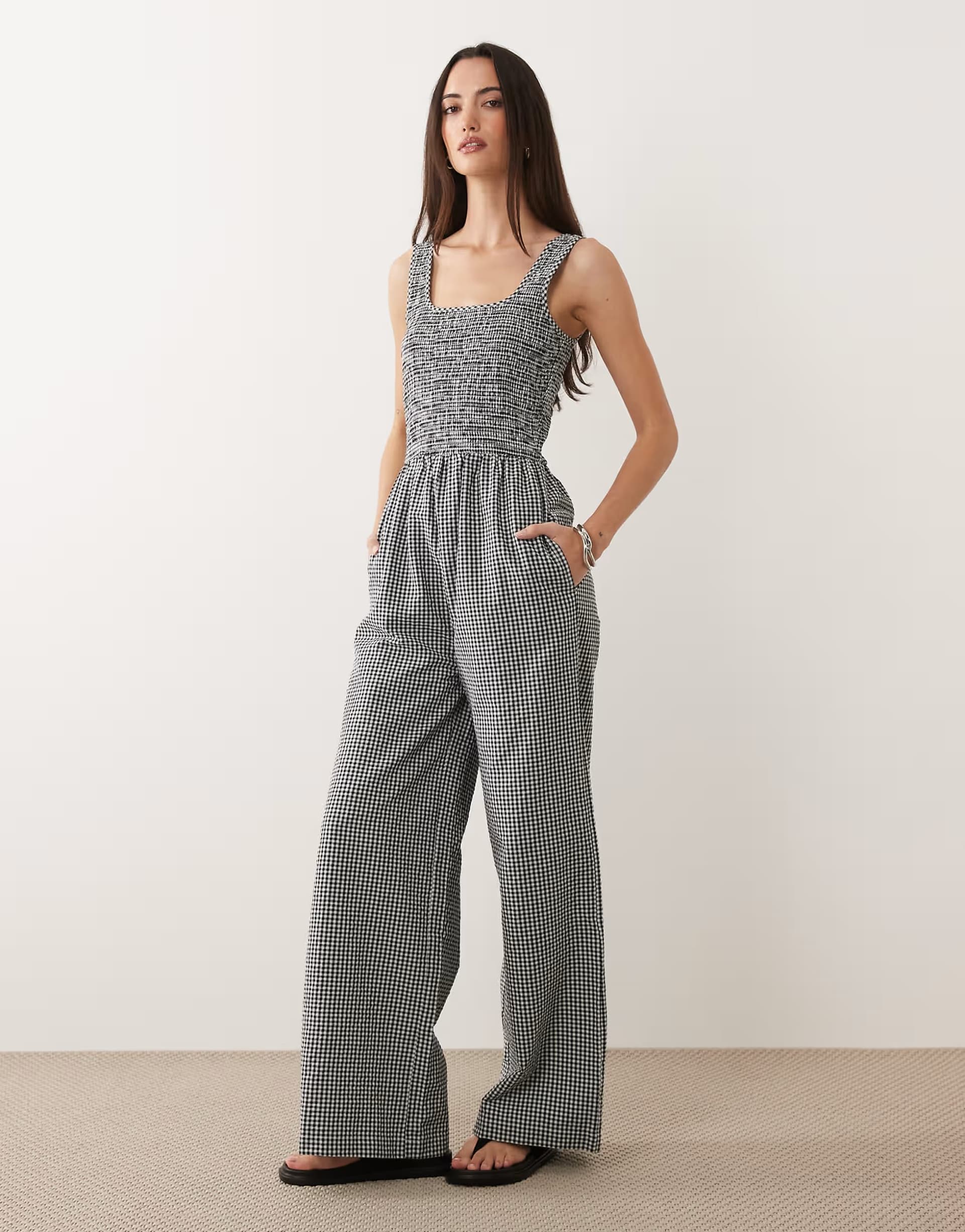 ASOS Brave Soul scoop neck gingham jumpsuit in black and white 