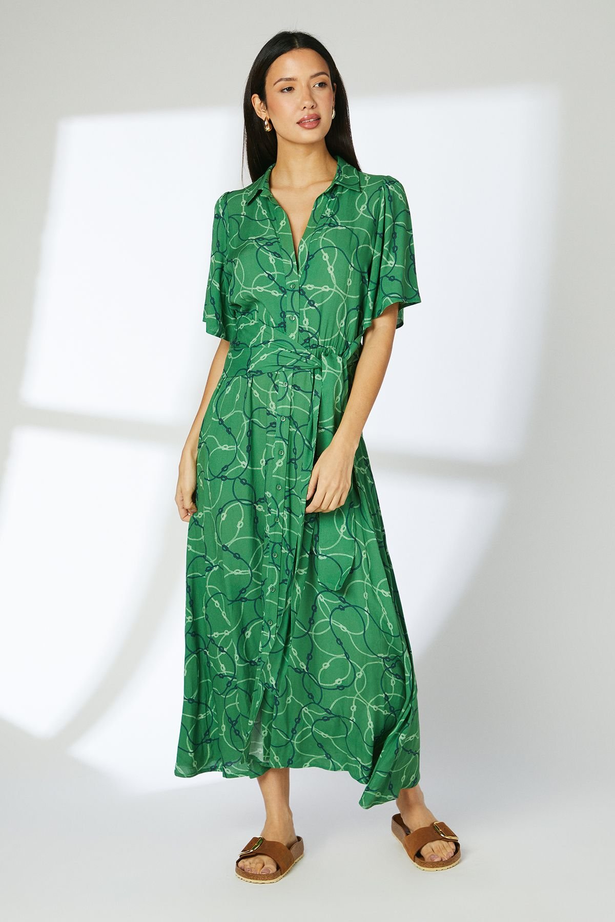 Principles Principles Women's Green Geo Rope Print Tie Front Midi Shirt Dress - 2