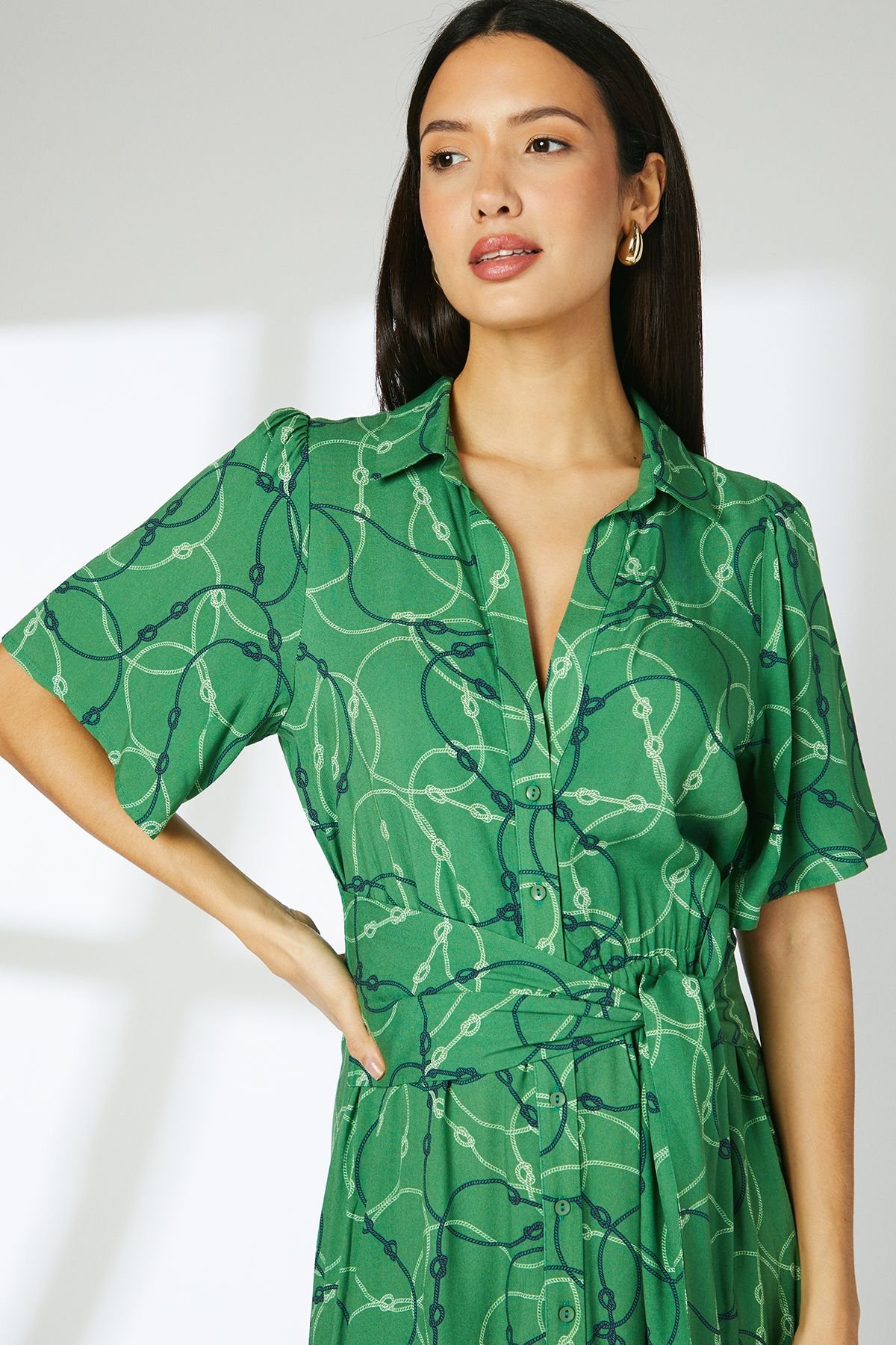 Principles Principles Women's Green Geo Rope Print Tie Front Midi Shirt Dress - 3