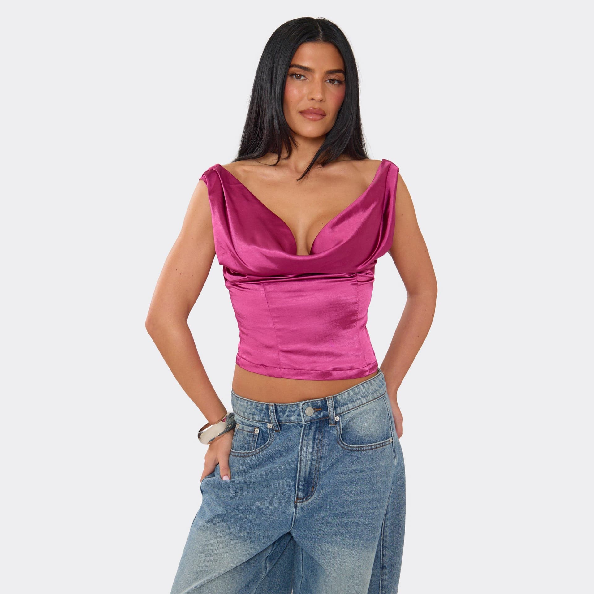 EGO EGO Pink Satin Cowl Neck Sleeveless Top