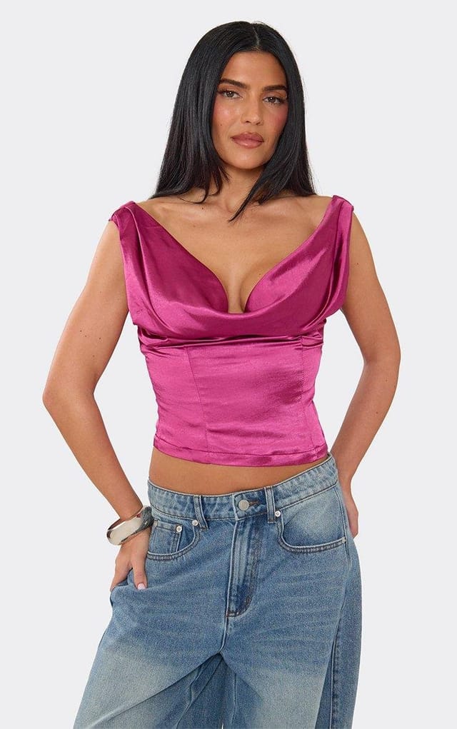 EGO Cowl Neck Top In Pink Satin, Women's Size UK 6 - 2