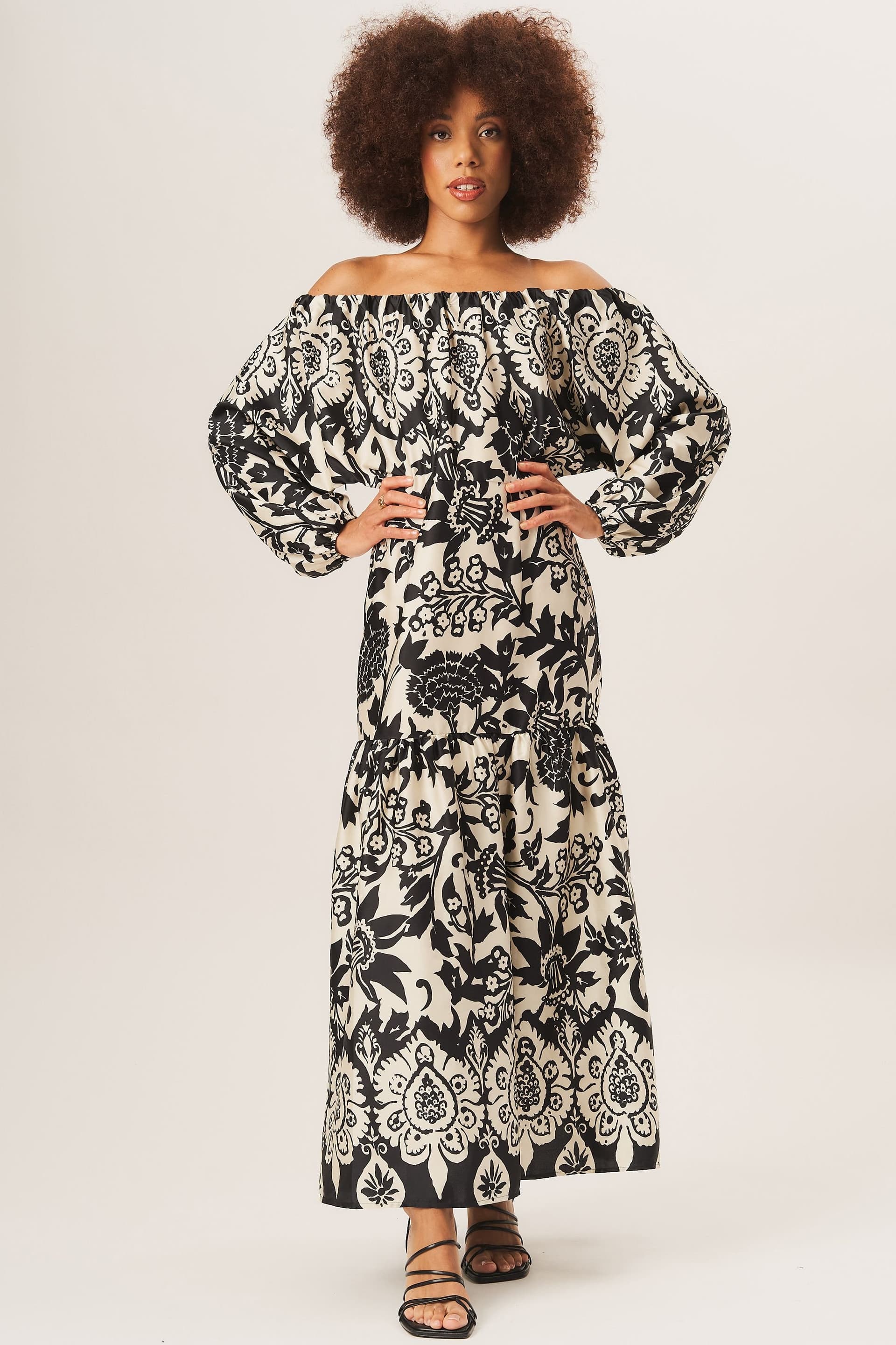 Gini London Gini London Women's Mono Border Print Bardot Maxi Dress