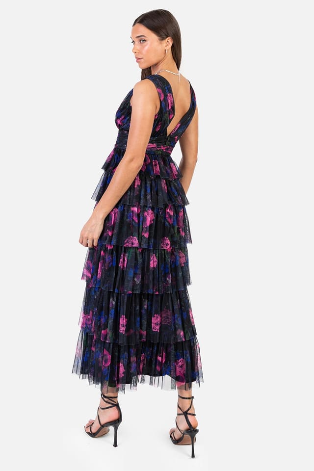 Anaya with Love Anaya with Love Women's Floral Plunge V Neck Tiered Tulle Maxi Dress - 2