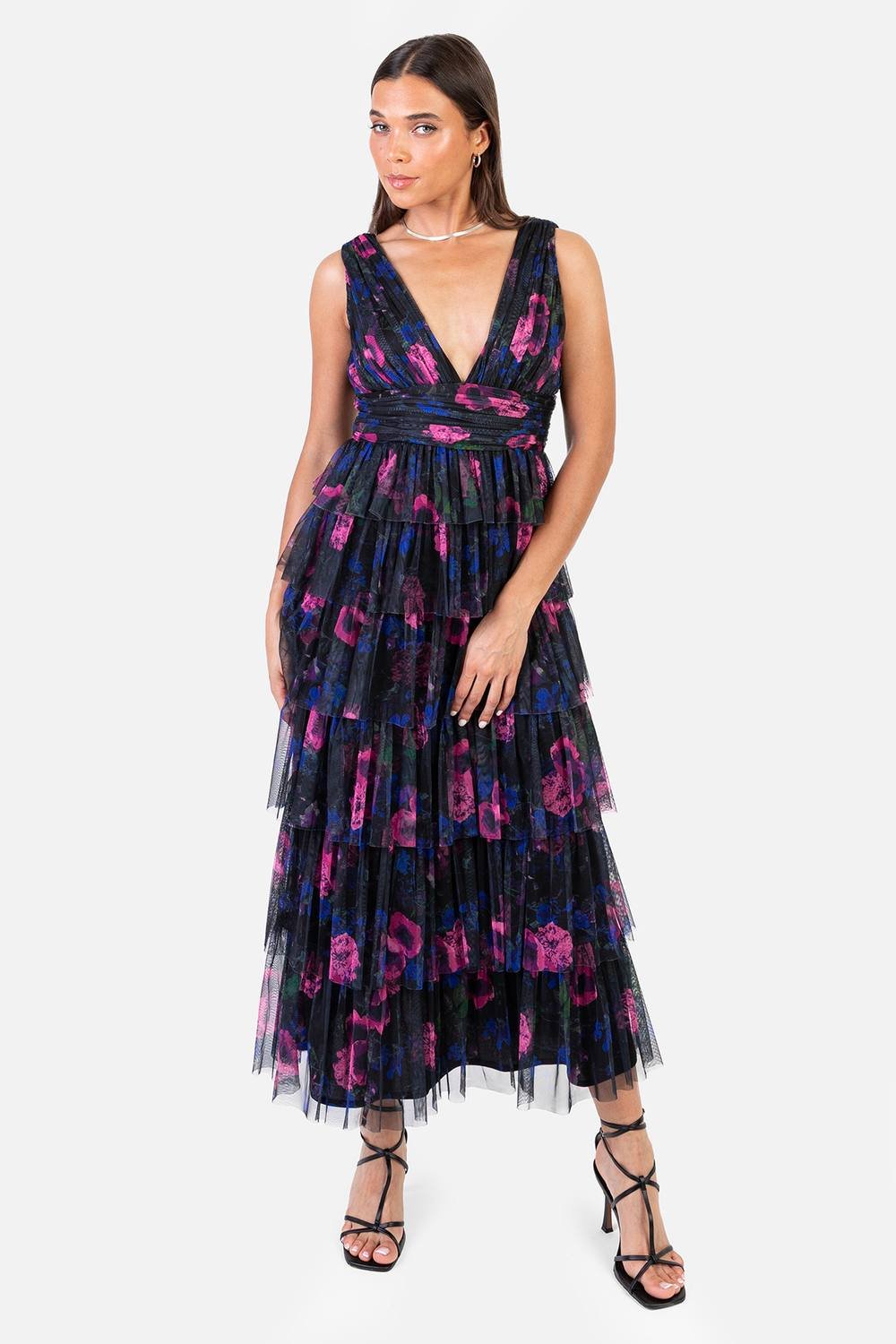 Anaya with Love Anaya with Love Women's Floral Plunge V Neck Tiered Tulle Maxi Dress - 4
