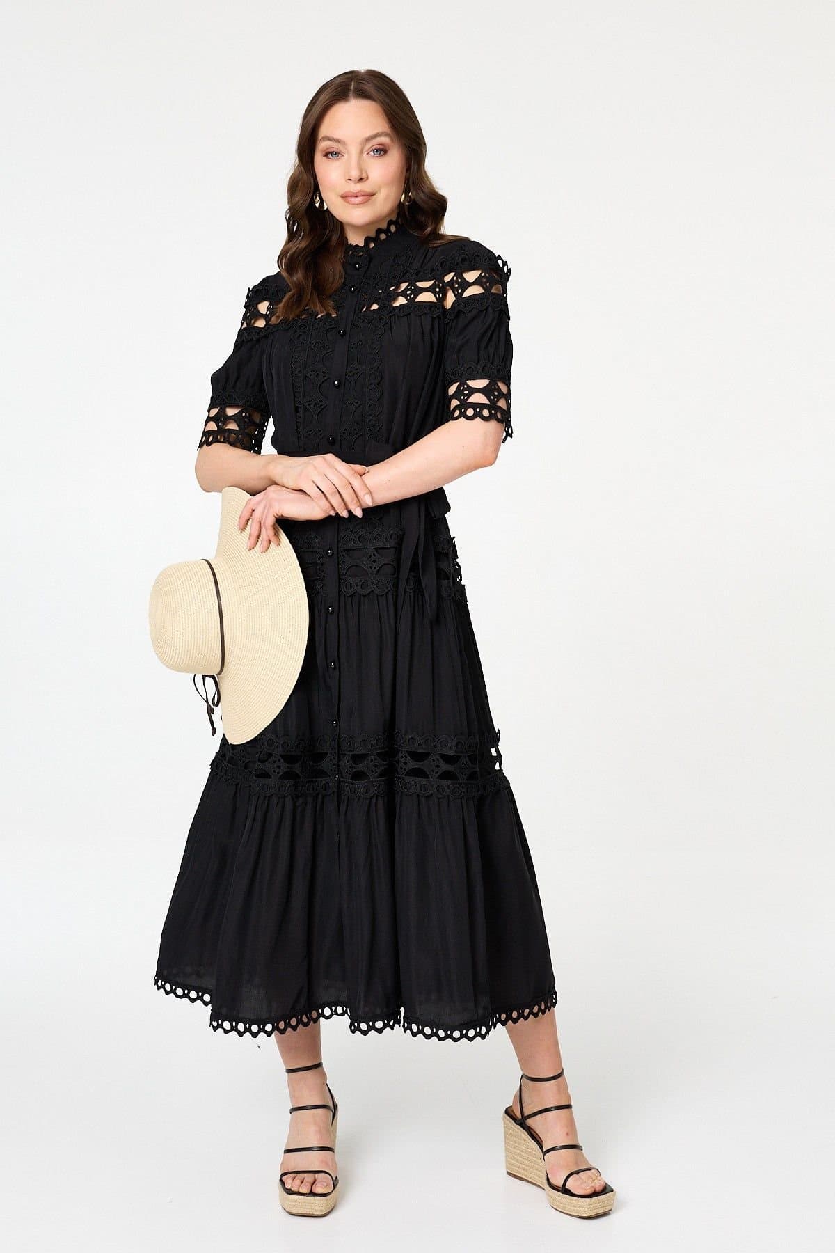 Izabel London Izabel London Women's Lace Cut Out Detail Tie Waist Midi Dress in Black