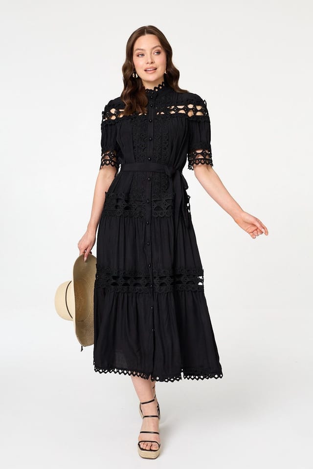 Izabel London Izabel London Women's Lace Cut Out Detail Tie Waist Midi Dress in Black - 2