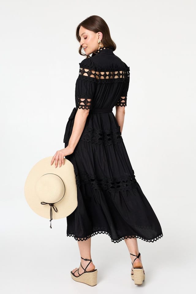 Izabel London Izabel London Women's Lace Cut Out Detail Tie Waist Midi Dress in Black - 3
