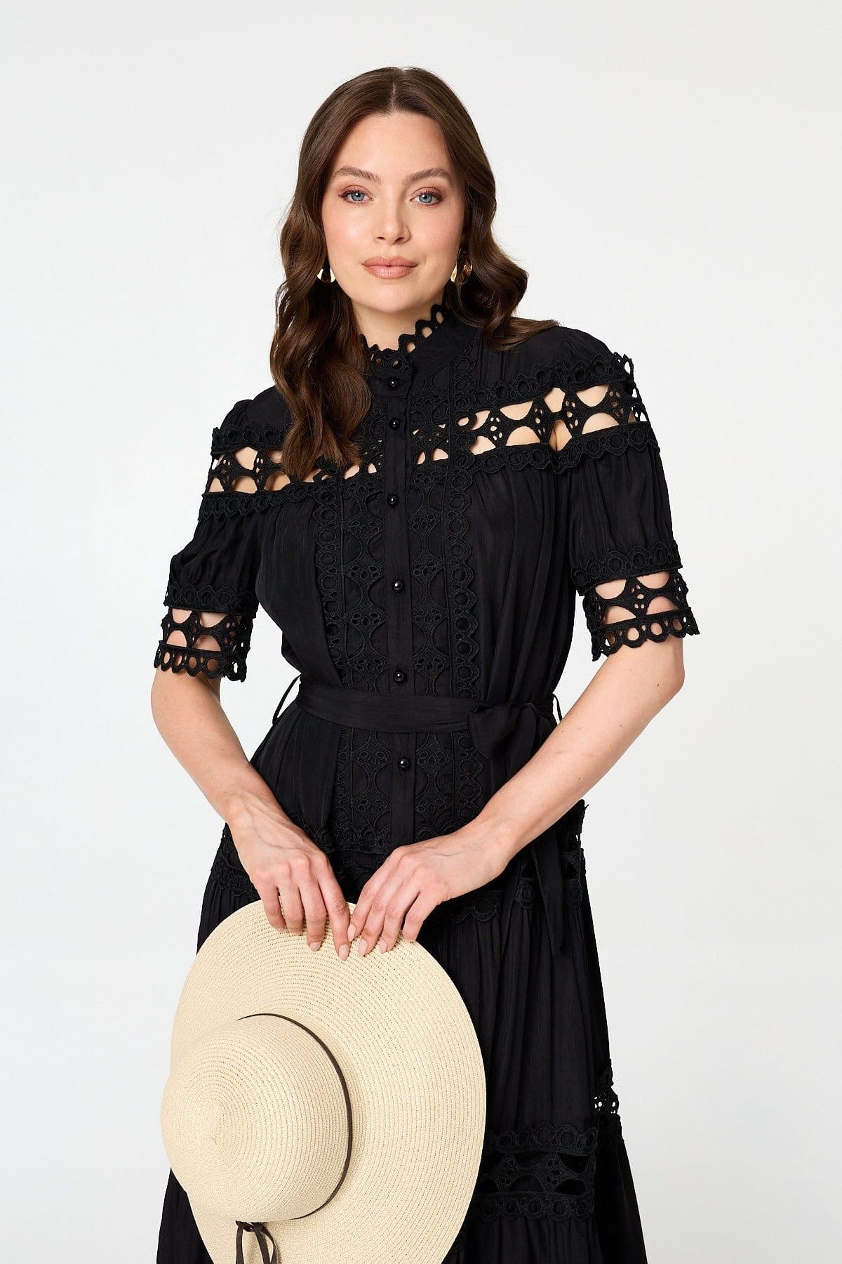 Izabel London Izabel London Women's Lace Cut Out Detail Tie Waist Midi Dress in Black - 4