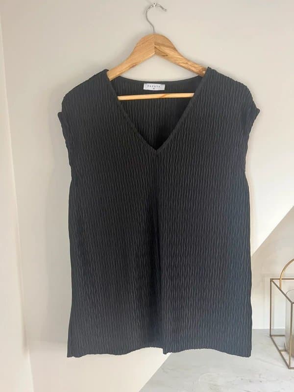 Papaya Papaya Matalan Black Stretch Crinkle Ribbed V Neck Blouse Top Workwear Size 12
