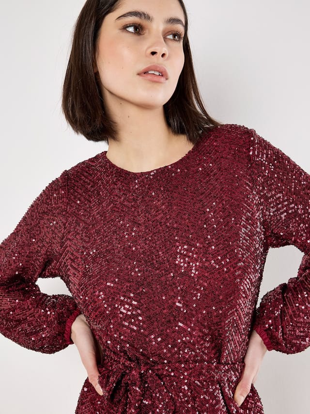 Apricot Apricot Women's Chevron Sequin Belted Mini Dress in Burgundy - 2