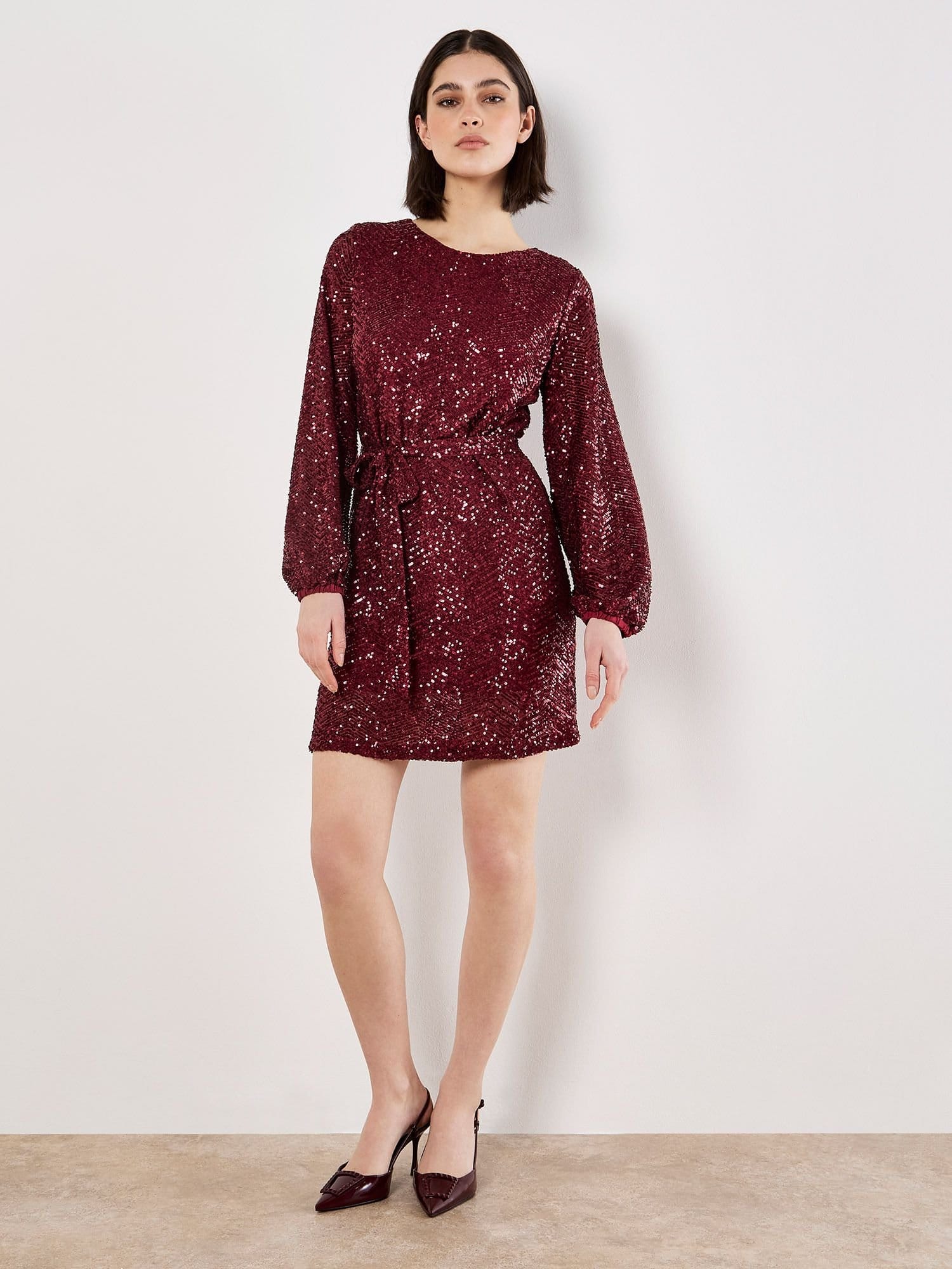 Apricot Apricot Women's Chevron Sequin Belted Mini Dress in Burgundy - 4