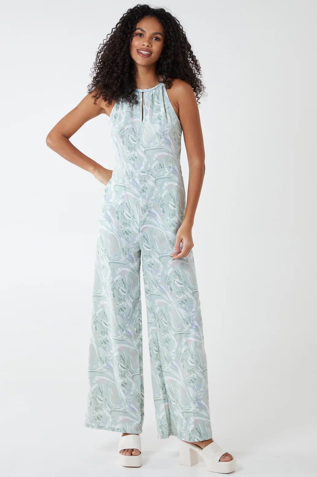 Blue Vanilla Abstract Print Halter Neck Culotte Jumpsuit