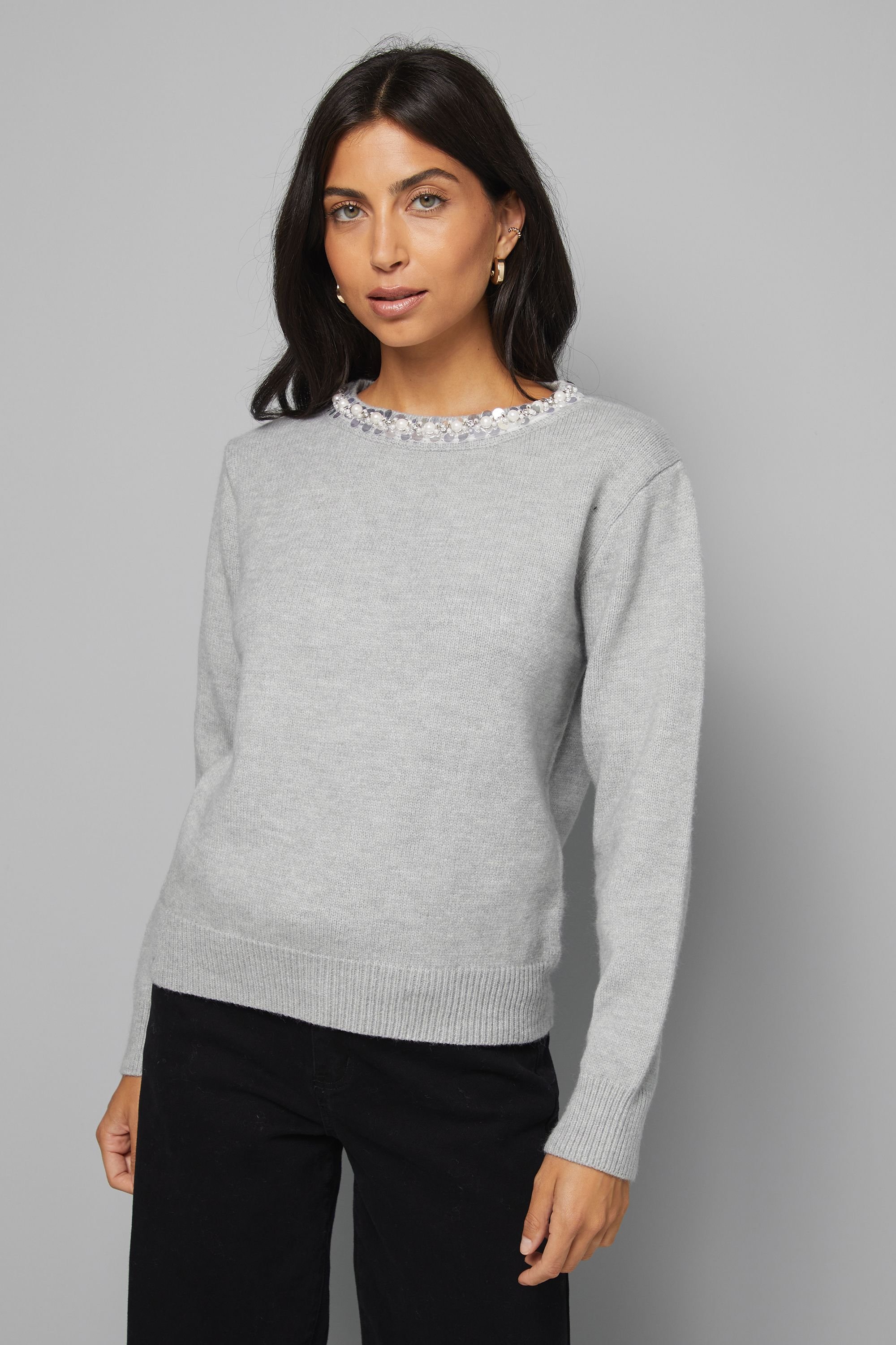 Wallis Wallis Women's Embellished Neck Trim Jumper in Grey Marl - 2
