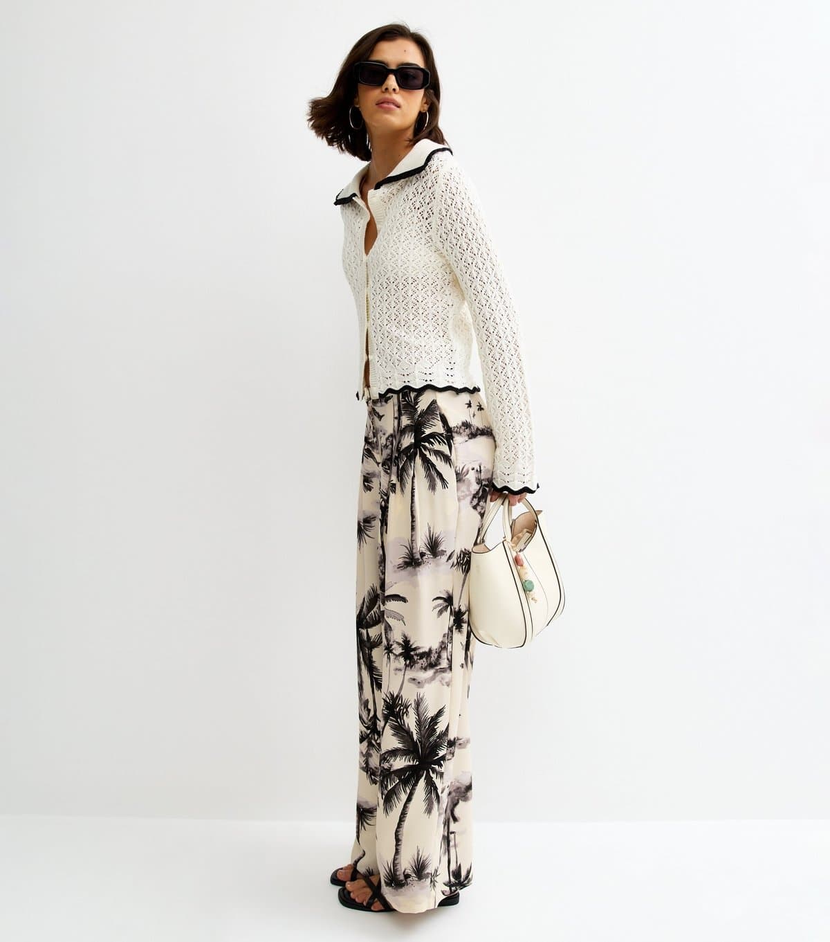 New Look New Look White Palm Tree Print Wide Leg Trousers