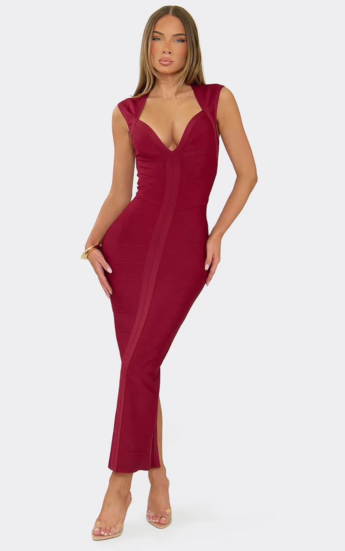 EGO Cap Sleeve Maxi Dress In Burgundy Bandage, Women's Size UK 6