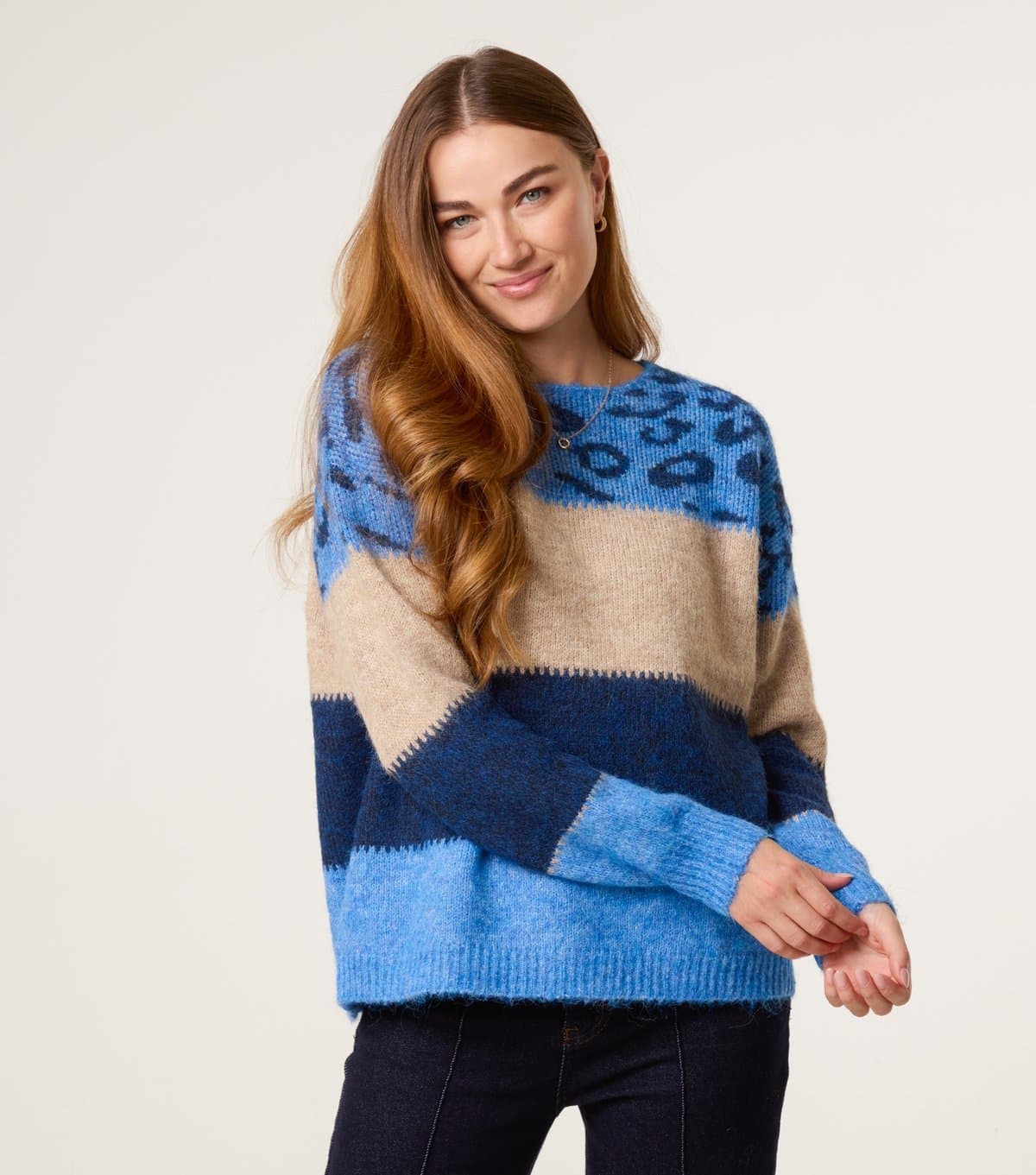 Blue Vanilla Women's Mid Blue Striped Animal Pattern Jumper Blue Vanilla New Look