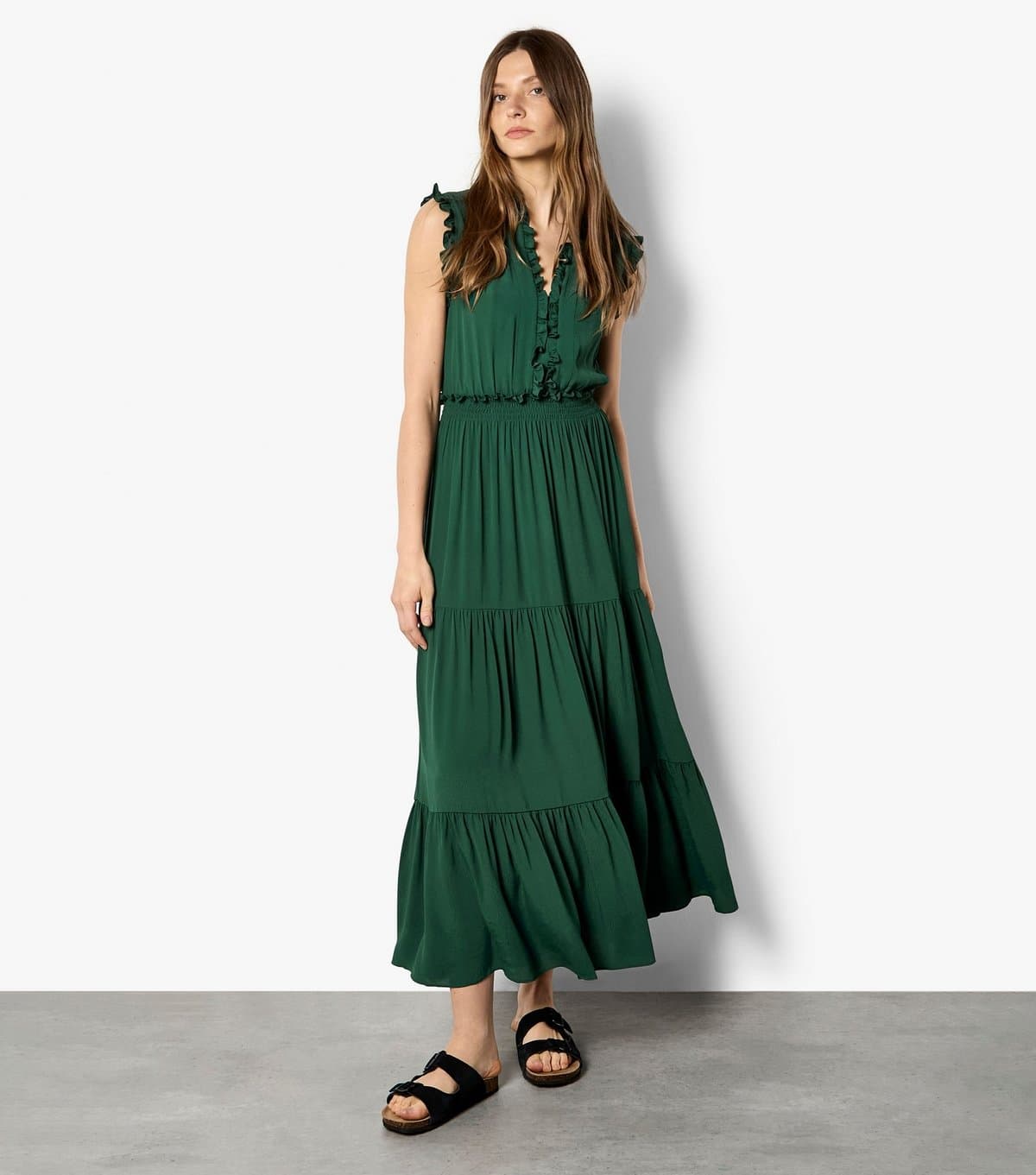 Apricot Women's Dark Green Ruffle Tiered Midi Dress Apricot New Look
